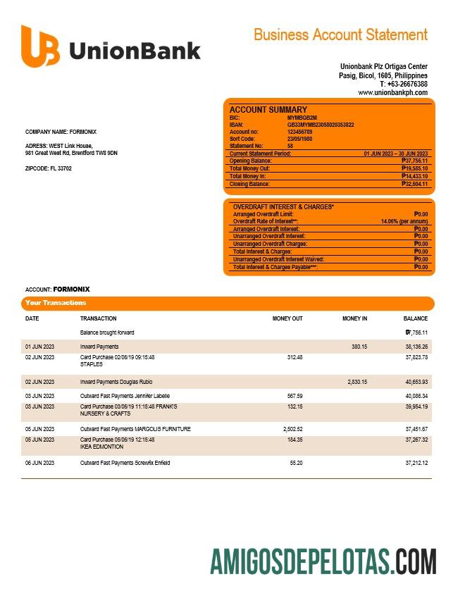 Baixável Union Bank Of The Philippines Business Statement Modelo Word e PDF